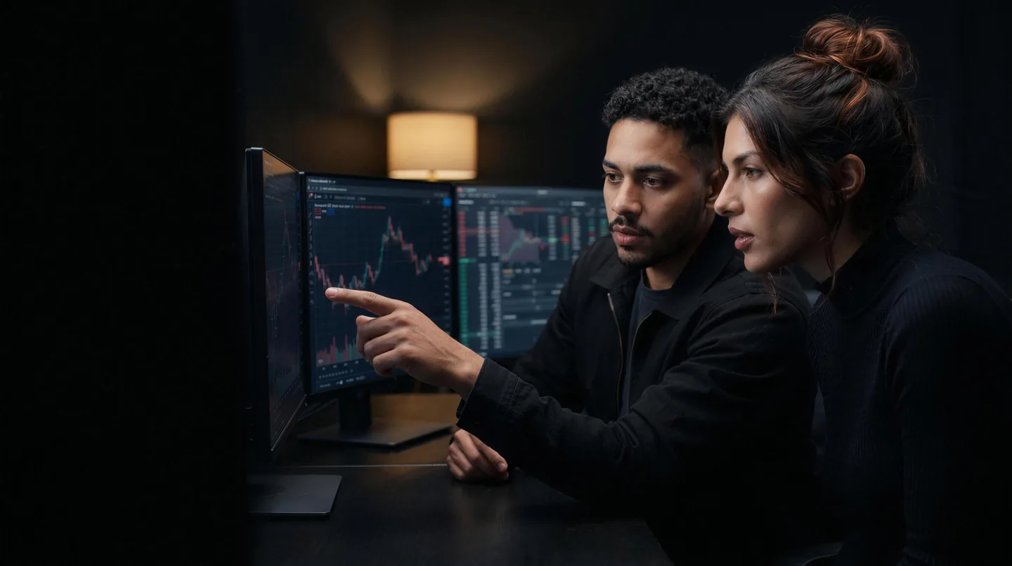 Trader e assessor lado a lado, analisando o gráfico no monitor