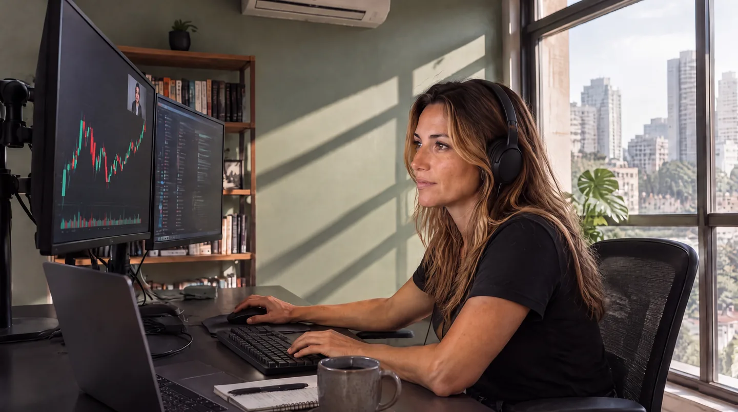 Trader no home office operando com fone, diante de dois monitores com gráficos