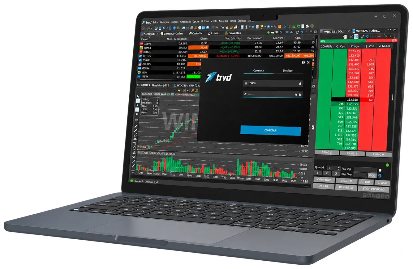 Notebook com a plataforma Tryd aberta: cotações, gráfico do mini índice e livro de ofertas