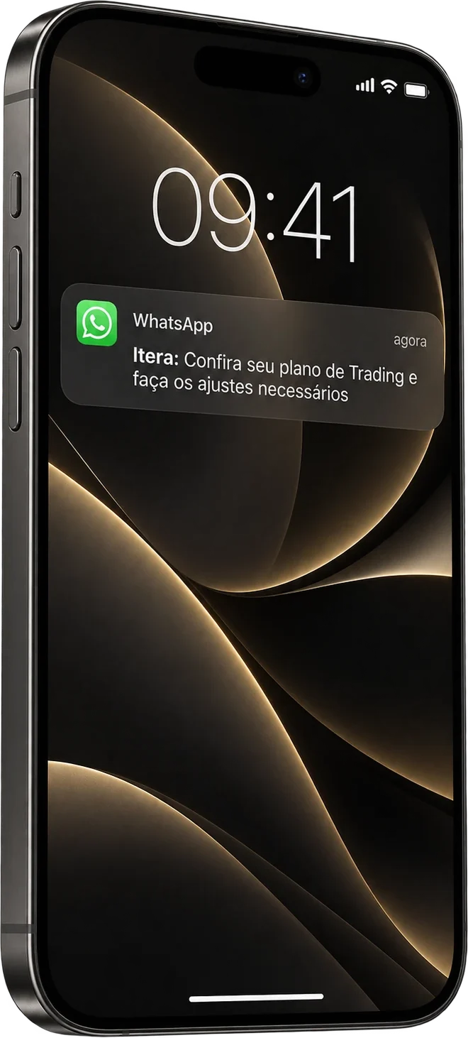 Celular com a notificação do WhatsApp: Itera: Confira seu plano de Trading e faça os ajustes necessários.